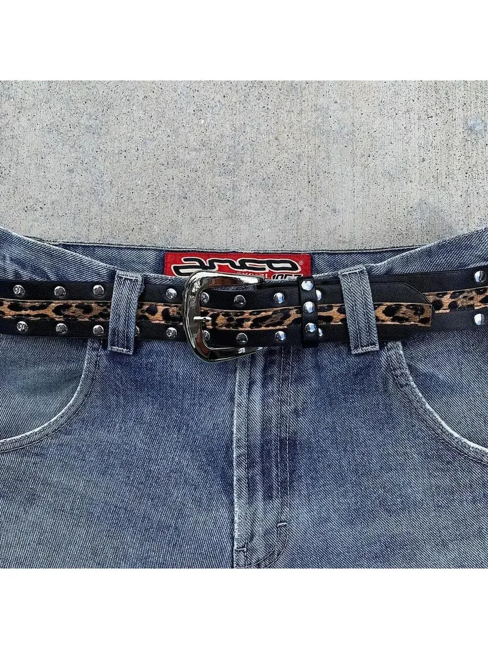 Cheetah print studded silver belt buckle belt. Punk gothic y2k style. 37 inches